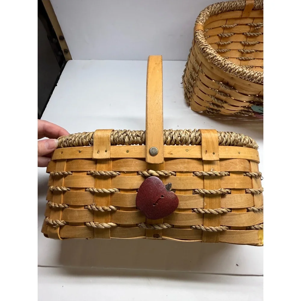 Set of 2 Woven Wood Apple Baskets Rustic Farmhouse Decor with Rope Accents